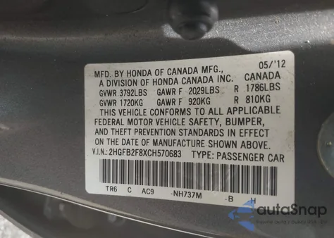 2012 Honda Civic Ex from USA, damaged, VIN 2HGFB2F8XCH570683
